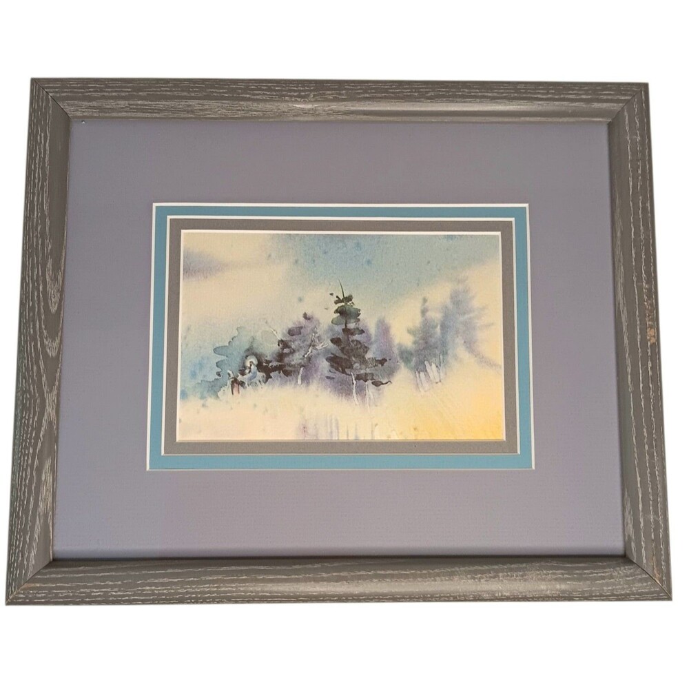 Mary & Joseph Journey To Bethlehem Snow Print Matted And Framed Blue & White VTG